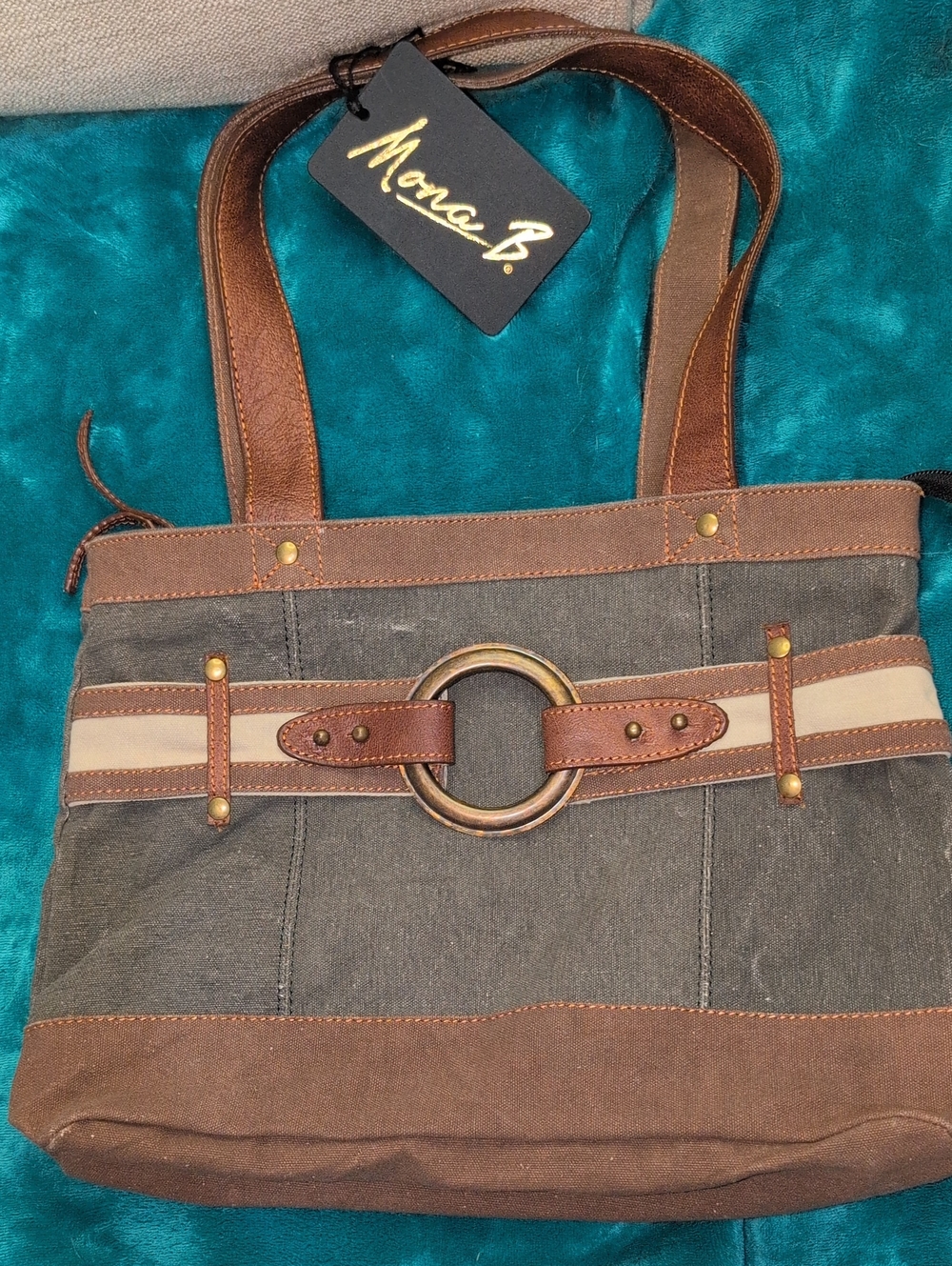 Mona B Brown and Cream Canvas Messenger Tote with Ring Accent